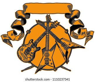 Heavy metal coat of arms. Drawing of electric guitar, bass, drums. Hand drawn engraving style vector illustration. Rock music, concert, festival banner, t shirt print, band logo template.
