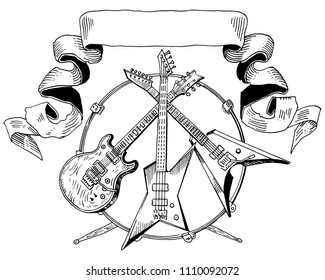 Heavy metal coat of arms. Electric guitar, bass, drums line art isolated. Hand drawn engraving style vector illustration. Rock music, concert, festival banner, t shirt print, band logo template.