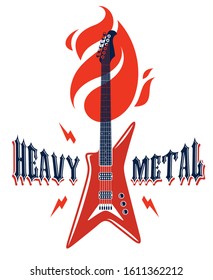 Heavy Metal Emblem With Electric Guitar Vector Logo, Concert Festival Or Night Club Label, Music Theme Illustration, Guitar Shop Or T-shirt Print, Rock Band Sign With Stylish Typography.