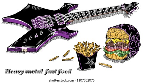 Heavy metal fast food: black electric guitar, french fries, evil burger in wrap with pentagram isolated on white. Hand drawn sketchy style vector illustration. Rock music festival concert poster.