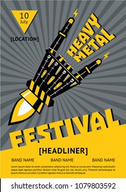 Heavy metal festival poster with robots hand. Rock music vector illustration.