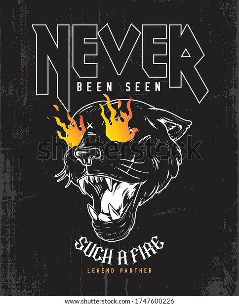 Heavy metal fire printing poster tee design.\
Rock and roll band. Legend Black Panther. Legendary Typography\
Graphics. T-shirt Printing Design. Concept in vintage graphic style\
for print production.