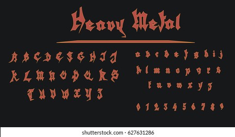 Heavy Metal Font - Red vector font with orange outline isolated on black background 