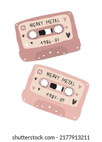 Heavy Metal. Funny Hand Drawn Vector Illustration with Blush Pink Cassettes with Metal Songs, Isolated od a White Background. Musical Memory of the Eighties on Record Tapes.Infantile Style Wall Art.