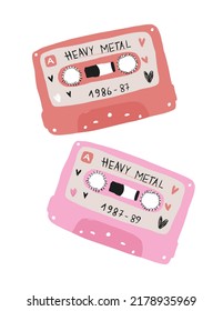 Heavy Metal. Funny Hand Drawn Vector Illustration with Red and Pink Cassettes with Metal Songs, isolated od a White Background. Musical Memory of the Eighties on Record Tapes.Infantile Style Wall Art.