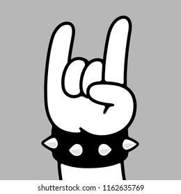 Heavy metal hand gesture in cartoon comic style. Rock fan hand with spiked leather bracelet.