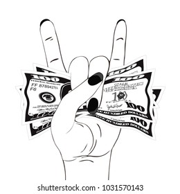 Heavy metal hand gesture with clutched currency USA. Rock-n-roll sign with crumpled money on white background. Hand with several of bill one hundred dollars. Vector illustration.