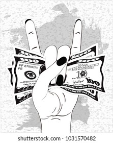 Heavy metal hand gesture with clutched currency USA. Rock-n-roll sign with crumpled money on textured gray background. Hand with several of bill one hundred dollars. Vector illustration.