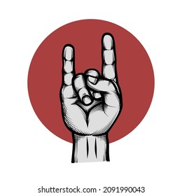 Heavy metal hand gesture engraved,vector line art illustration. Sign of the horns hand salute, red moon, sun set, hand drawn vintage style