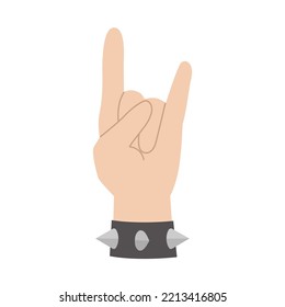 Handgeste aus Schwermetall. Rock und Punk Armsymbol mit Armlehnen mit Spikes. Vektorflache Illustration von Plakatzeichen mit Armband