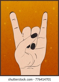 Heavy metal hand gesture. Rock festival poster.  Rock-n-roll sign on orange grunge background. Template for slogan, poster, flyers, banner and etc. Vector illustration.