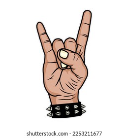 Heavy metal hand with spiked bracelet, on black background. Design element for logo, poster, card, banner, emblem, t shirt. Vector illustration