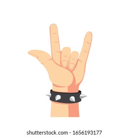 heavy metal hand symbol, human hand with spike bracelet in cartoon flat illustration isolated in white background
