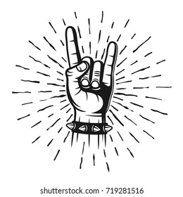 Heavy metal horns hand gesture stamp with rays vector monochrome illustration in vintage style isolated on white background