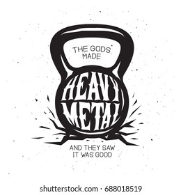 Heavy metal kettlebell t-shirt design. Monochrome rock music related design element for prints posters decor. Vector vintage illustration.