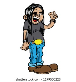 heavy metal long haired kid standing with raised fist hand drawn cartoon illustration isolated on white
