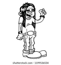 heavy metal long haired kid standing with raised fist hand drawn cartoon illustration isolated on white