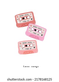 Heavy Metal Love Songs. Funny Hand Drawn Vector Illustration with Red and Pink Cassettes with Metal Songs, isolated od a White Background. Musical Memory of the Eighties on Record Tapes.