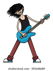 Heavy Metal music fan, Character playing Electric guitar, with long hair, isolated on white, vector illustration