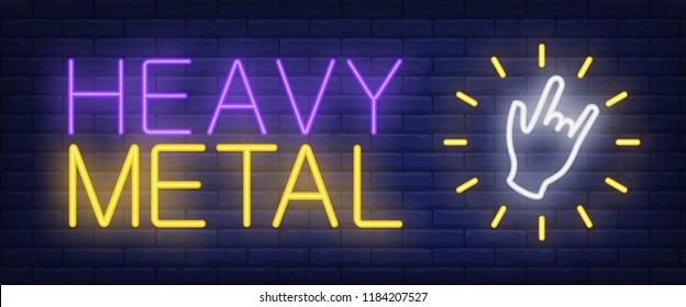 Heavy metal neon text with hand gesture. Music and advertisement design. Night bright neon sign, colorful billboard, light banner. Vector illustration in neon style.