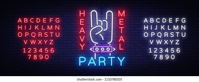 Heavy Metal Party Neon Sign Vector. Rock music logo, night neon signboard, design element invitation to Rock party, concert, festival, night advertising, light banner. Vector. Editing text neon sign