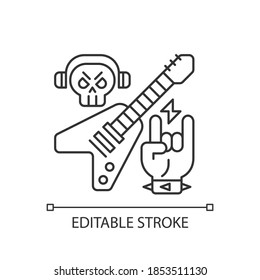 Heavy metal pixel perfect linear icon. Rock songs types. Electrical guitar. Skull with headphones. Thin line customizable illustration. Contour symbol. Vector isolated outline drawing. Editable stroke