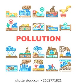 poluição de metais pesados ícones definir vetor. toxicidade de contaminação, bioacumulação, cádmio de remediação, chumbo, mercúrio, arsênio poluição de metais pesados ilustrações de linha de cor