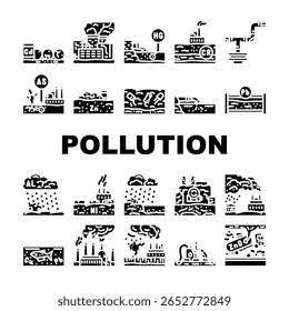 poluição de metais pesados ícones definir vetor. toxicidade de contaminação, bioacumulação, reparação cádmio, chumbo, mercúrio, arsênio pictograma de glifo de poluição de metais pesados Ilustrações