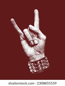 Heavy Metal, Rock n Roll Hand Gesture mit Stud und Spike Bracelet für Musik-Poster-Hintergrund