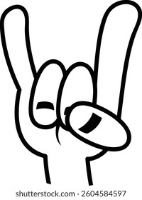 Heavy metal, rock and roll, devil horns hand sign in black line. Rock on hand gesture clipart.
