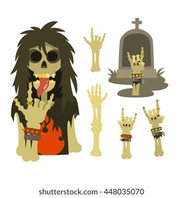 heavy metal skeleton, hand bones from grave ground, isolated on white background, vector graphic  illustration art.