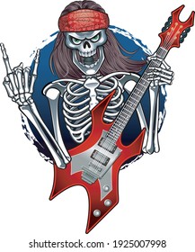 heavy metal skeleton  showing sign of the horn
human skeleton playing on electric guitar
