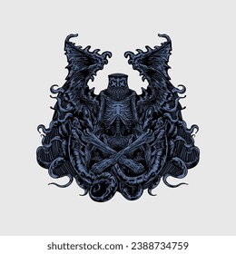 Heavy metal skull wings tattoo and t-shirt design hand drawn vector illustration