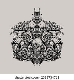 Heavy metal skull wings tattoo and t-shirt design hand drawn vector illustration