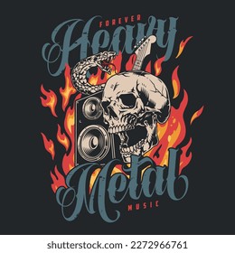 Heavy metal vintage colorful flyer with musical speaker and skull among flames for rock and roll celebrities vector illustration