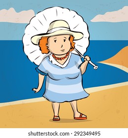 Heavy middle-aged woman with an umbrella and hat suffering from the heat. Hand drawn vector illustration. Isolated on white.