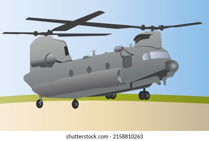 Heavy military transport helicopter on landing. Transportation of military equipment to hot spots. Vector illustration.