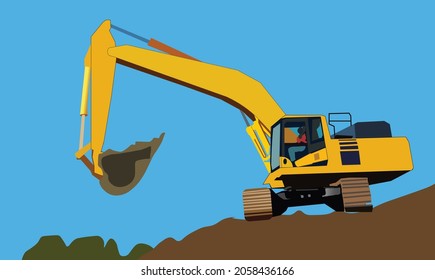 Heavy mining equipment excavator is dredging the ground. Excavator activity from side. 