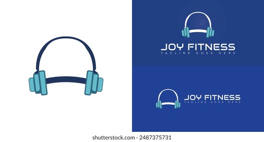 Heavy music logo is illustrated from dumbbells and headphones icons in blue color isolated on multiple background colors. The logo is suitable for music sports business logo vector design illustration