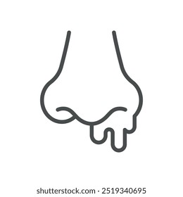 Heavy Nasal Discharge Icon. Thin Line Illustration of Nose with Dropping Mucus Representing Excessive Nasal Discharge. Medical Vector Sign for Sinus Infection and Cold Symptoms.