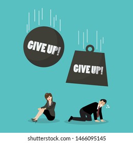 Heavy objects with word give up falling to desperate businessman and woman. Vector illustration concept