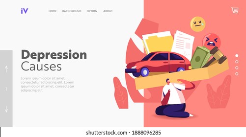 Heavy Obligations, Depression, Public Pressure Landing Page Template. Tiny Character Pressed with Huge Box Full of Society Attributes Career, Money Imposed Life Values. Cartoon Vector Illustration