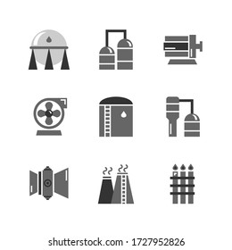 Heavy Oil and gas industrial icon set,tank,refinery columns,motor and pump,gas turbine engine,stack and flare.