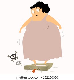 Too heavy! Overweight woman standing on scales and causing the scale broken. Obesity concept. Vector illustration.  