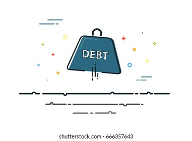 Heavy pendulum with the word DEBT falling with trendy elements on white background. Business , Financial and investment concept. MBE flat design. Vector illustration. 