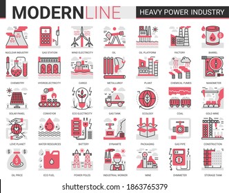 Heavy power industry complex concept flat line line icon vector set with outline infographic industrial manufacturing symbols of metallurgy, chemical plant and factory, electricity production