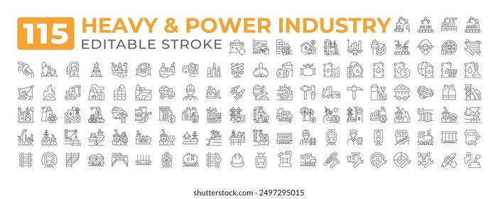 Heavy power industry line icons big set. Manufacturing plant factory repair, aviation. Coal mining, oil production iconset outline pictograms. Isolated linear vector illustrations. Editable stroke