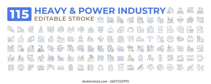Heavy and power industry two color line icons set collection. Modern machinery technology with electricity generation bicolor outline mega pack isolated. Duotone thin lineart. Editable stroke