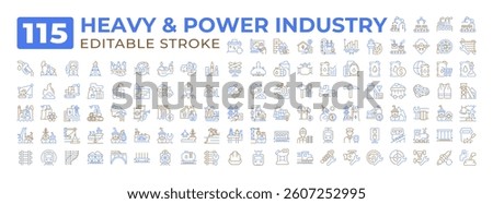 Heavy and power industry two color line icons set collection. Modern machinery technology with electricity generation bicolor outline mega pack isolated. Duotone thin lineart. Editable stroke