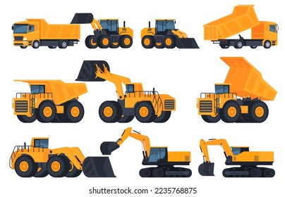 Heavy quarry equipment for the extraction of minerals. Excavators and dump trucks of large sizes. Transportation of a large mass of goods. Vector illustration